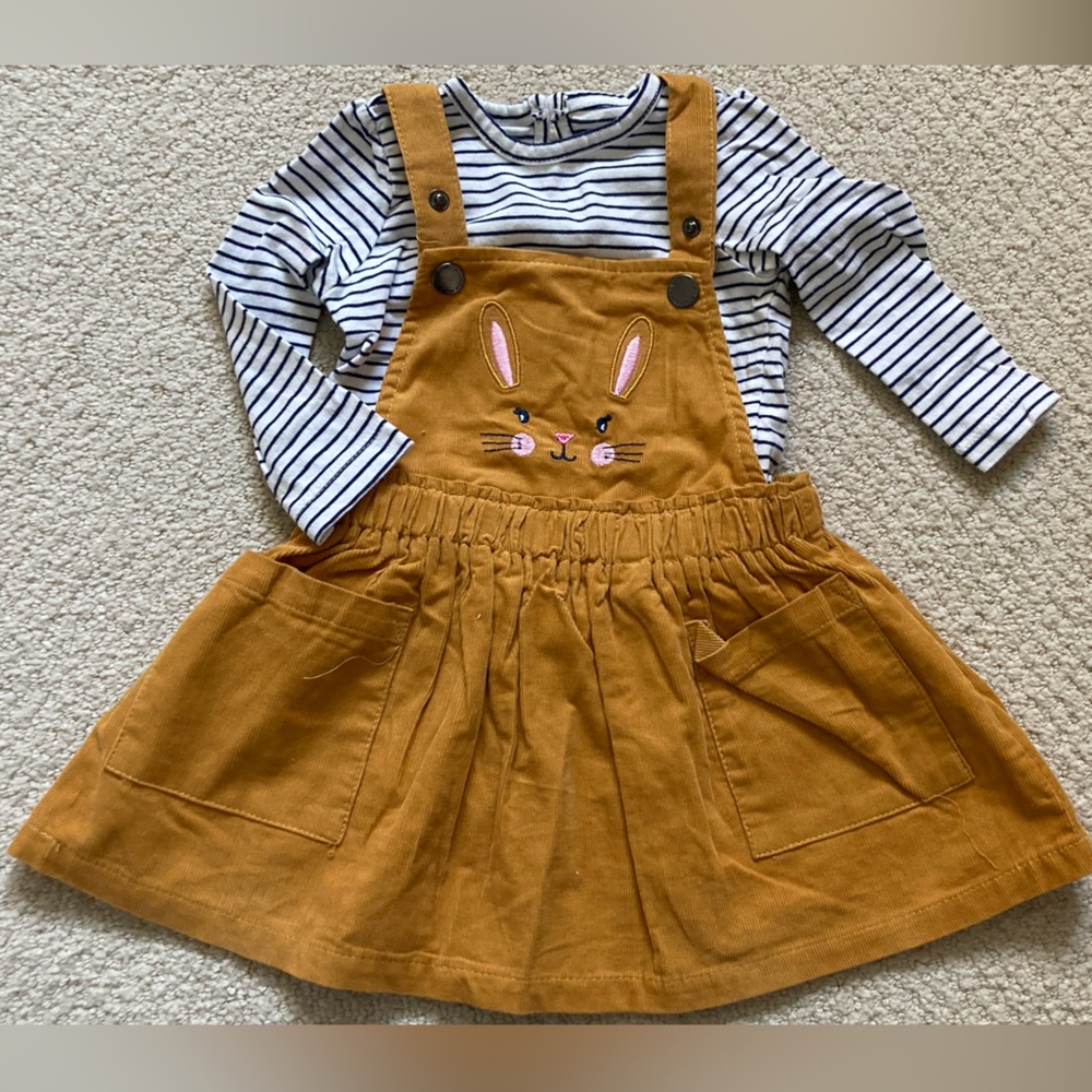 Baby girl 2piece set, brown corduroy suspender skirt & long sleeve stripe shirt